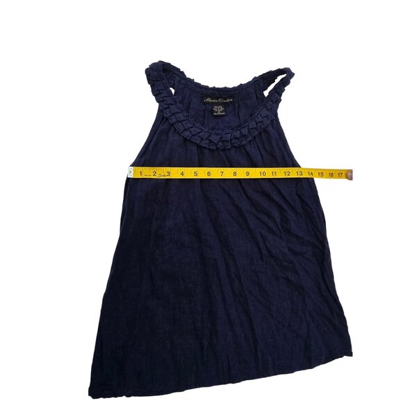 Marisa Christina Ruffled Neckline Sleeveless Navy Blue Linen Tank Top Size M - Picture 4 of 5
